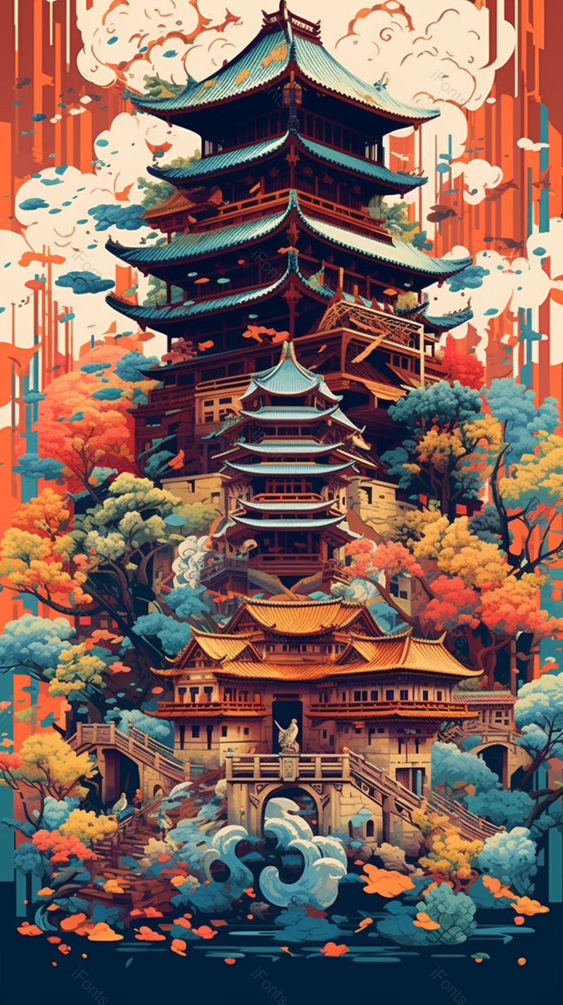 国潮山水植被建筑插画背景,插画/手绘图,插画/手绘图库,插画/手绘图下载,插画/手绘